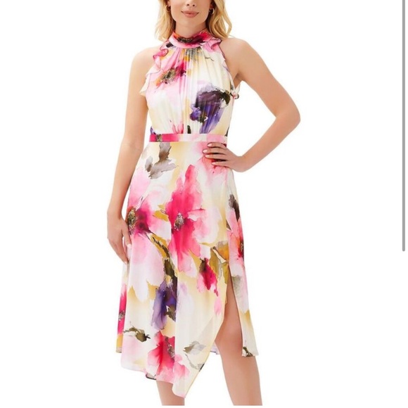 Adrianna Papell Dresses & Skirts - Adrianna Papell Pink Floral Ruffle Halter Midi Dress – Size 16 NWT